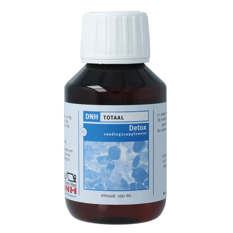 Bottle of DNH Detox totaal herbal supplement, 100ml, with herbal ingredients in a clear container, designed for detox support.