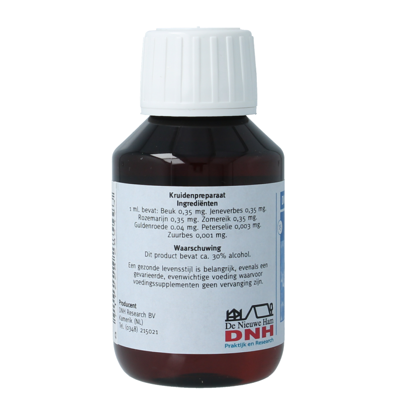 Bottle of DNH Detox totaal herbal supplement, 100ml, featuring herbal ingredients in a clear glass container.