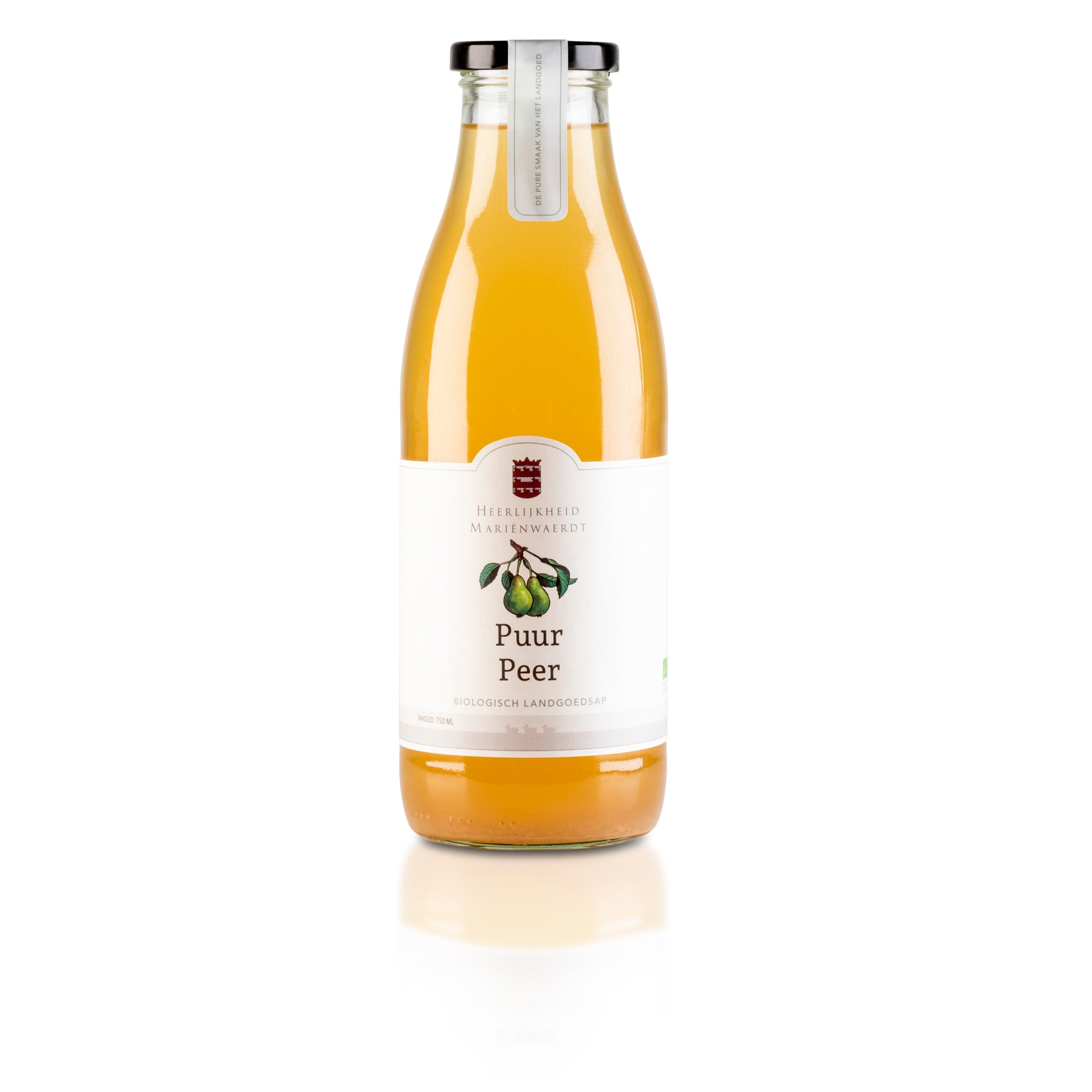 Organic Marienwaerdt pear juice in a 750ml bottle, natural and fresh, from the Marienwaerdt beverage and juice collection.