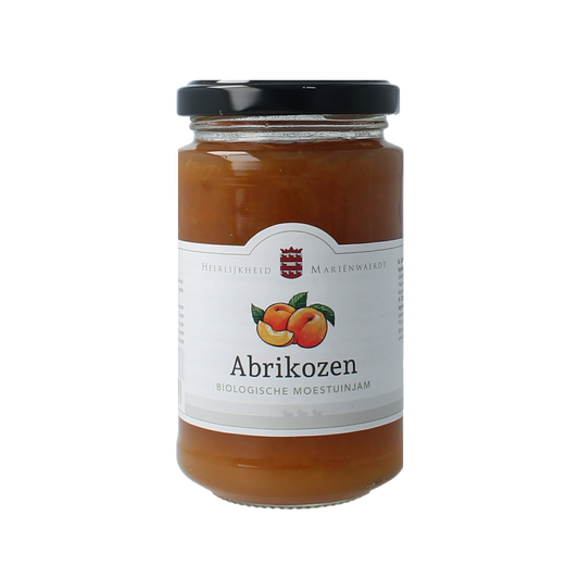 Marienwaerdt bio apricot jam for bread, 250g jar, spreadable broodbeleg with fresh apricot fruit and natural texture.