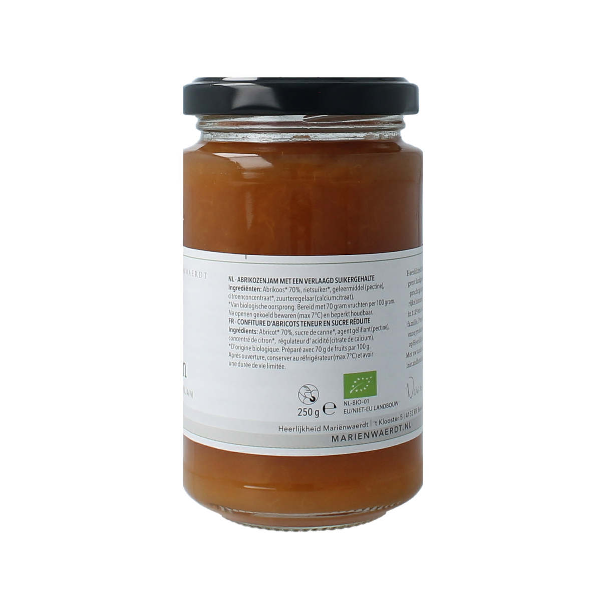 Marienwaerdt organic apricot jam spread on bread, 250g jar, natural broodbeleg for breakfast or snacks.