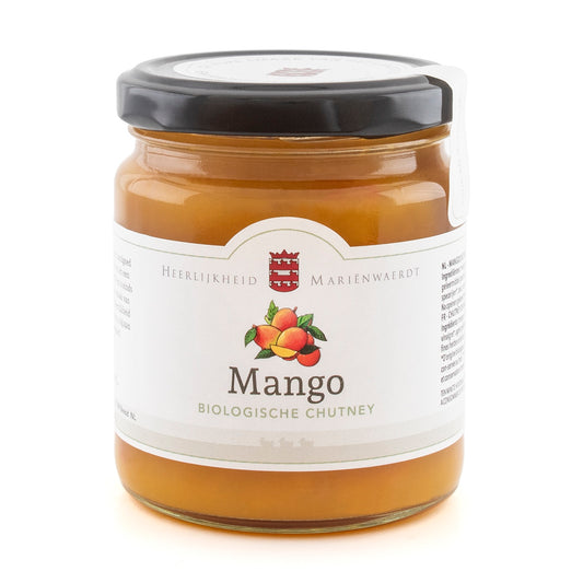 Marienwaerdt organic mango chutney jar showing the label and lid, in a close-up on a plain background.