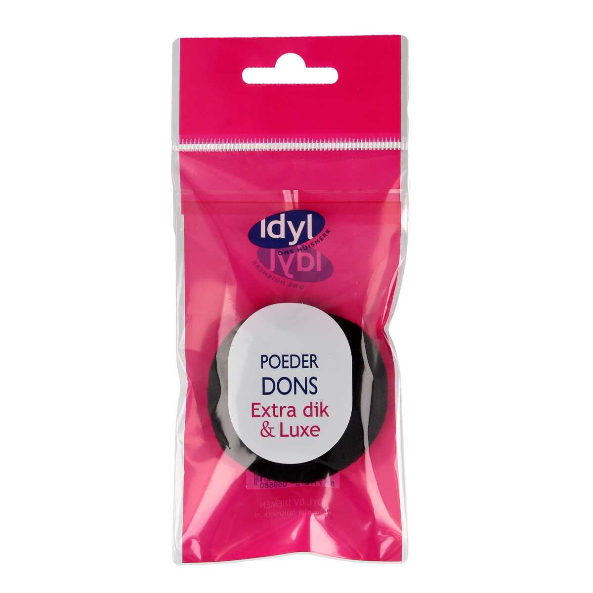 Idyl zwart extra dikke luxe make-up poederdon in 1 stuk, close-up of the black, textured powder applicator with brand logo.