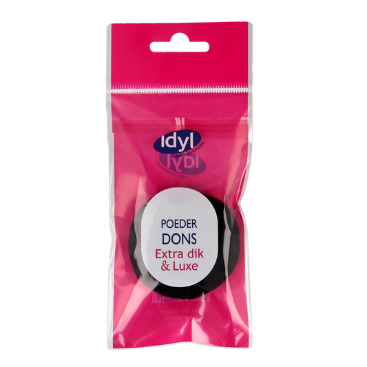 Idyl zwart extra dikke luxe make-up poederdon in 1 stuk, close-up of the black, textured powder applicator with brand logo.