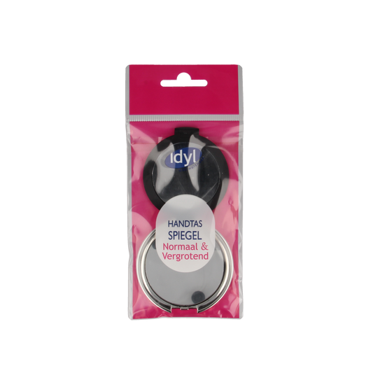 Idyl Op=Op handtas spiegel with normal and magnifying sides, steelware compact mirror for on-the-go use, brand Idyl.