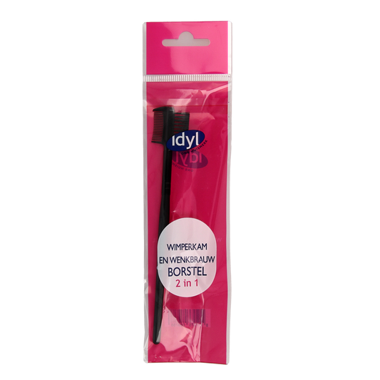 Idyl 2-in-1 eyelash and eyebrow brush for precise makeup application, featuring a sleek handle and soft bristles.