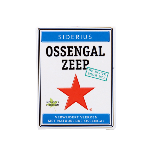 Siderius Ossengalzeep 90g soap bar for cleaning, featuring a white soap with Siderius branding and packaging.