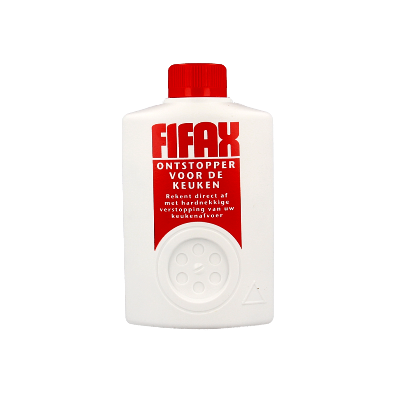 Fifax Keuken ontstopper rood in 500 gram container, a cleaning product for kitchen drain unclogging, with red packaging.