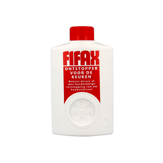 Fifax Keuken ontstopper rood in 500 gram container, a cleaning product for kitchen drain unclogging, with red packaging.