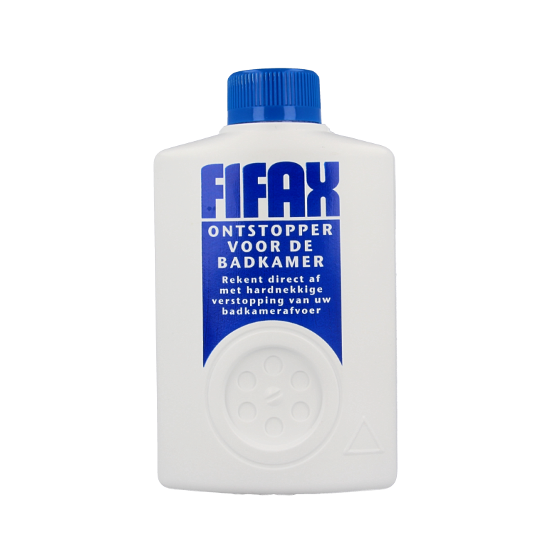 Fifax bathroom drain unblocker in 500g container, cleaning product for bathroom drains, with label showing brand and product details.