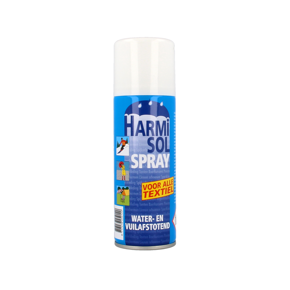 Harmisol textile spray bottle containing 200ml of fabric freshener for clothing and linens.