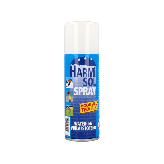Harmisol textile spray bottle containing 200ml of fabric freshener for clothing and linens.