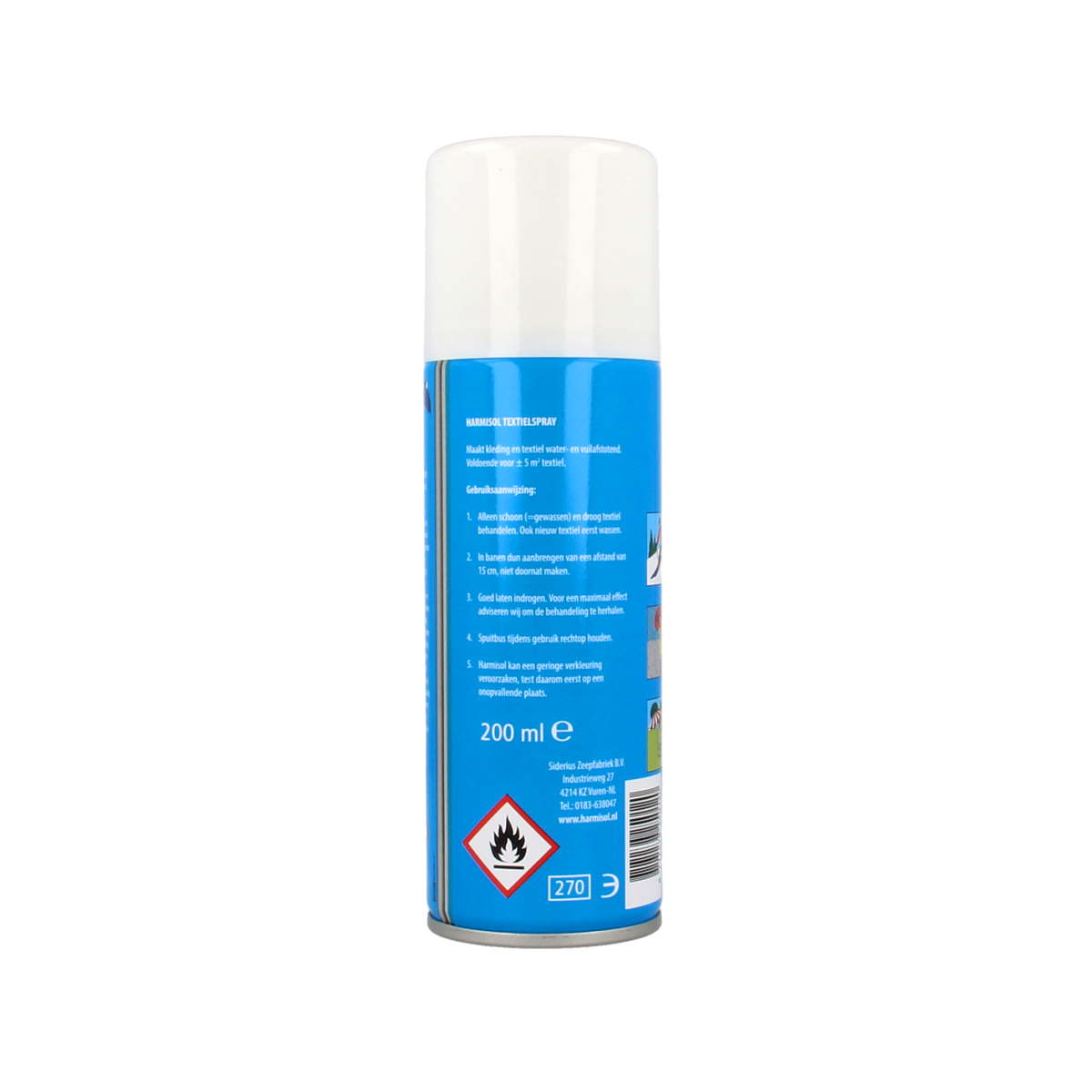 Harmisol Textiel spray 200ml for fabric freshening, in a clear spray bottle with white label and spray nozzle.