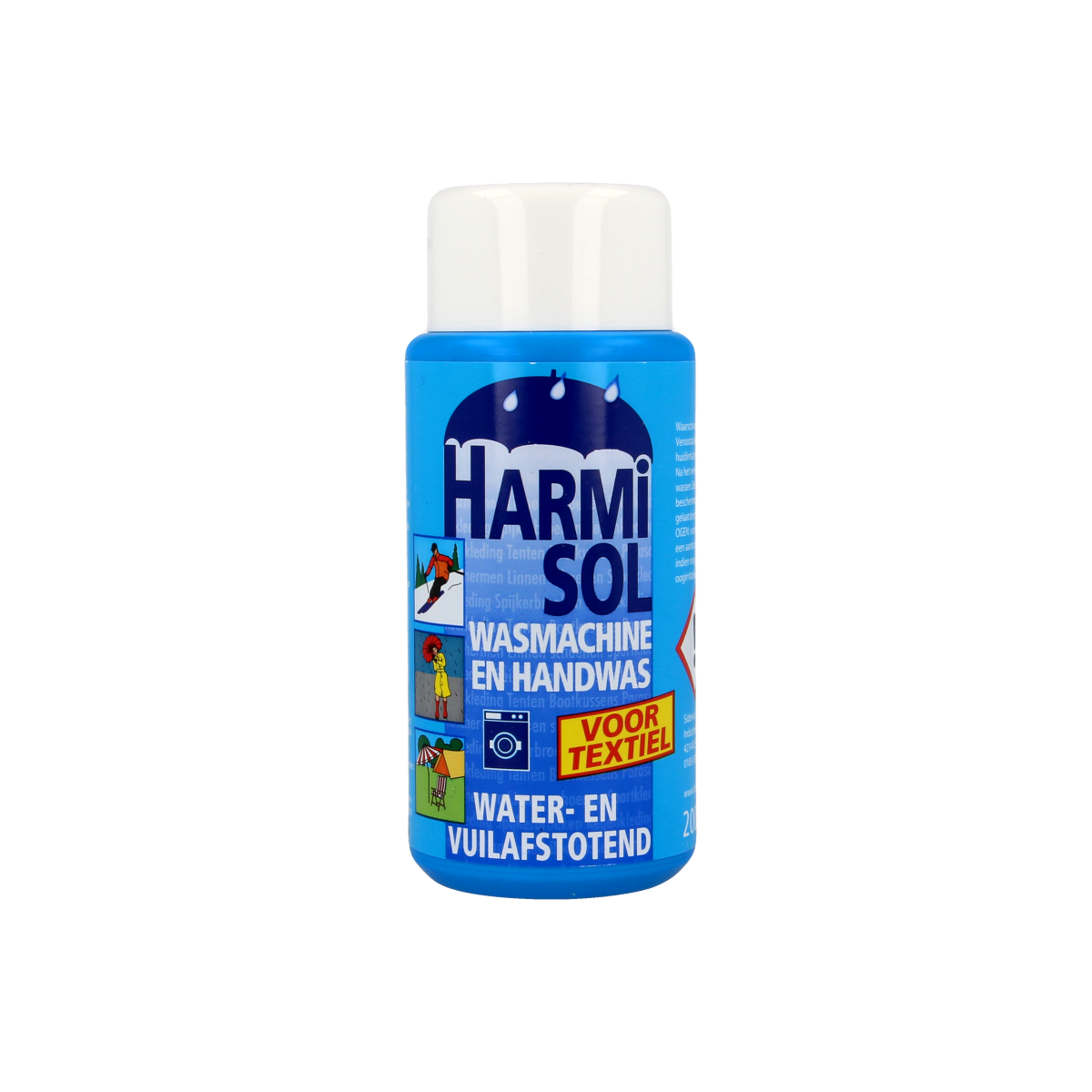 Harmisol liquid laundry detergent in a 200ml bottle, suitable for washing machines, with branding visible on the label.