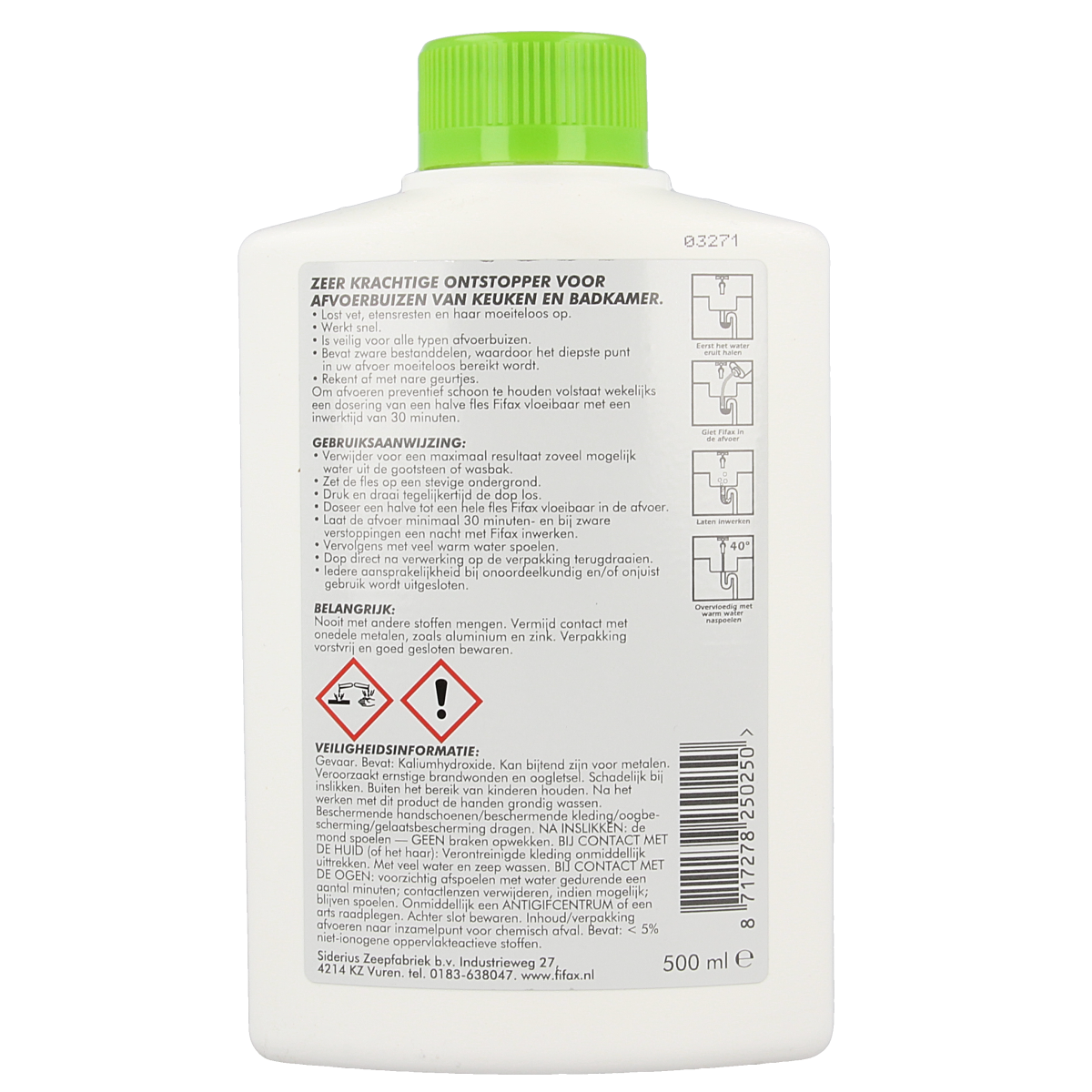 Fifax kitchen drain unblocker in green, 500ml bottle, cleaning product for unclogging sinks and drains.