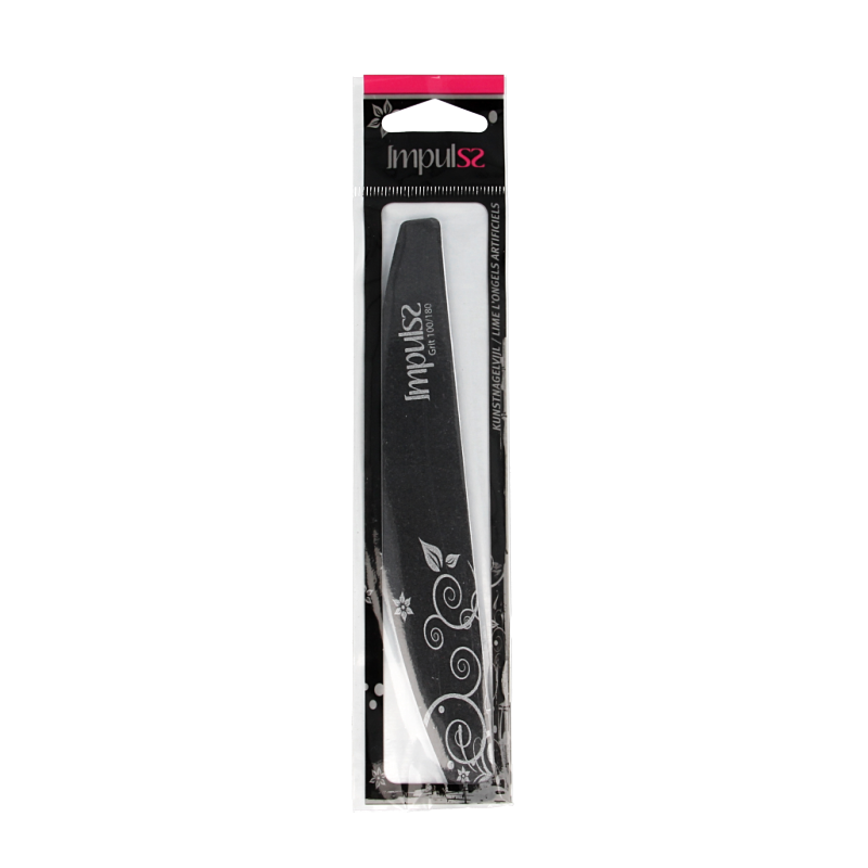 Impulss salon nail file, make-up tool, with a sleek design and abrasive surface for shaping and smoothing nails.