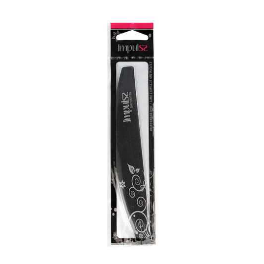 Impulss salon nail file, make-up tool, with a sleek design and abrasive surface for shaping and smoothing nails.