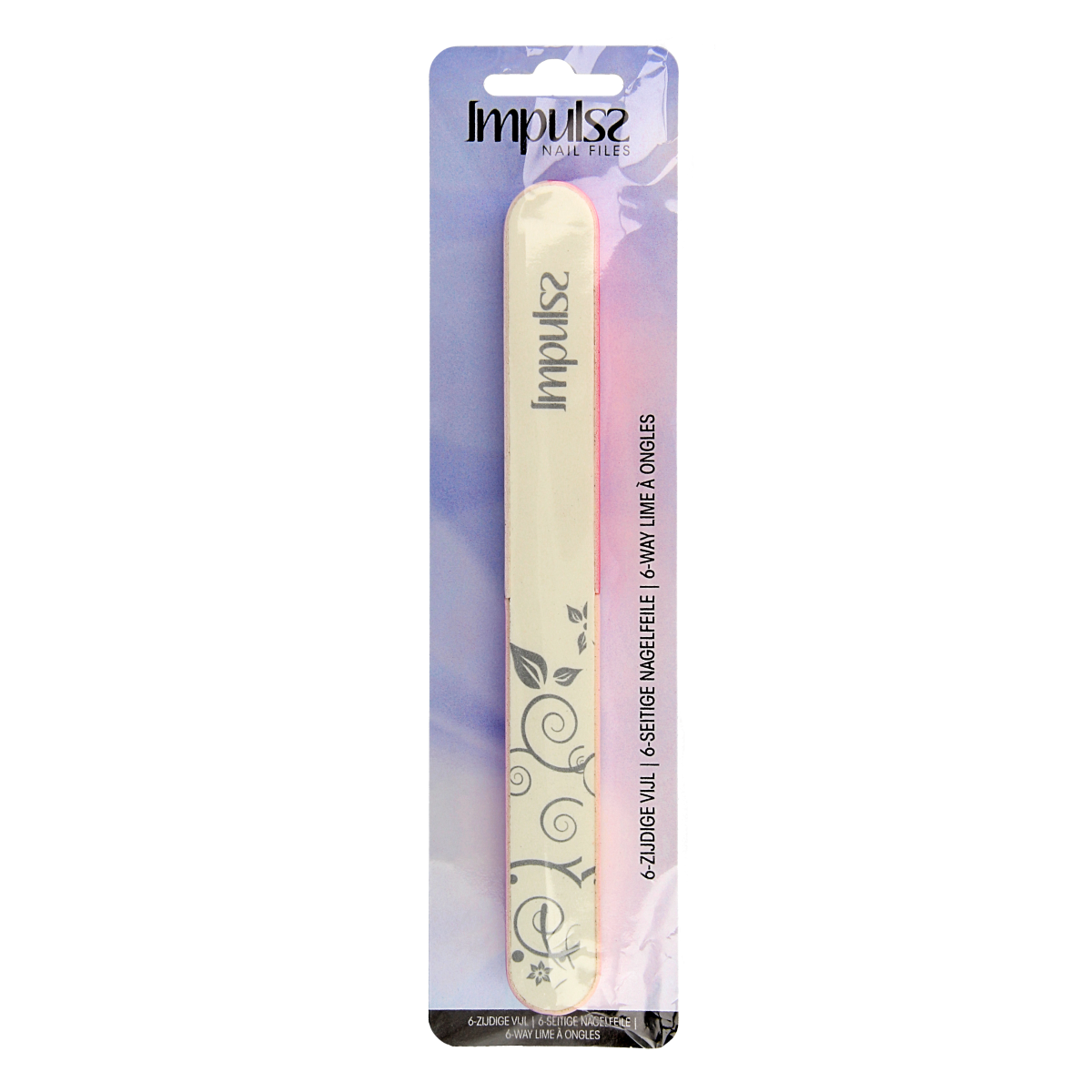Impulss 6-way nail file for hand care, showing a close-up of the multi-sided file with brand logo and textured surfaces.