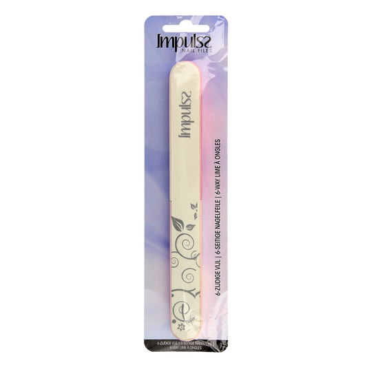 Impulss 6-way nail file for hand care, showing a close-up of the multi-sided file with brand logo and textured surfaces.