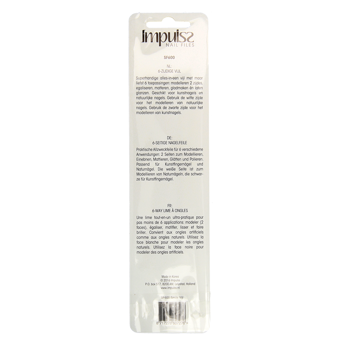 Impulss 6-way nail file for hand care, featuring multiple filing surfaces for grooming and shaping nails.