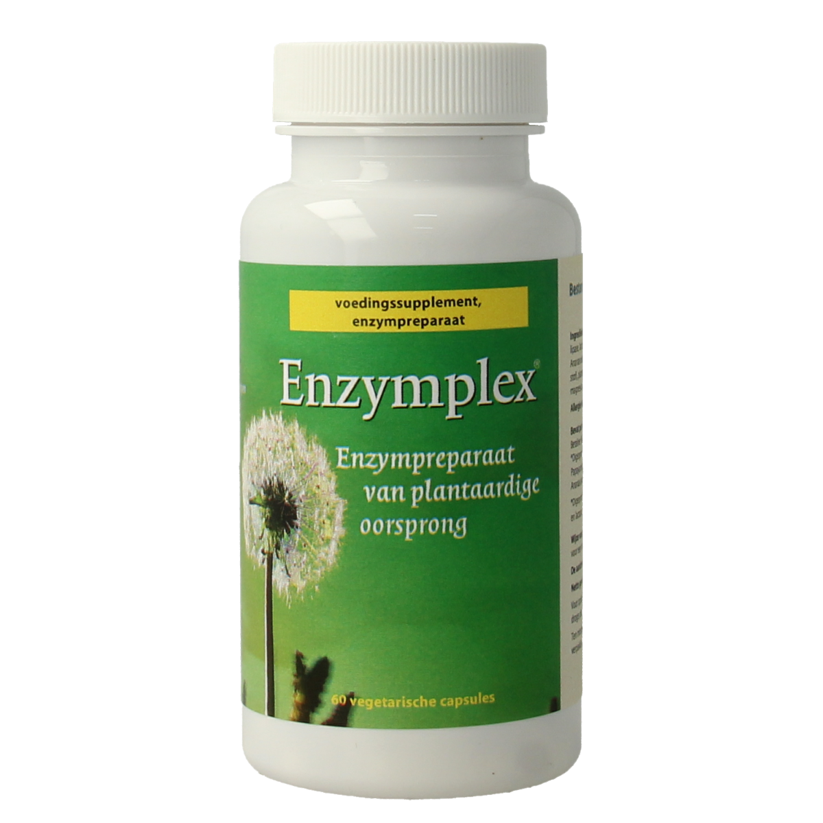 Venamed Enzymplex vegetarian capsules, dietary fiber and enzyme supplement, shown in a clear bottle with capsules inside.