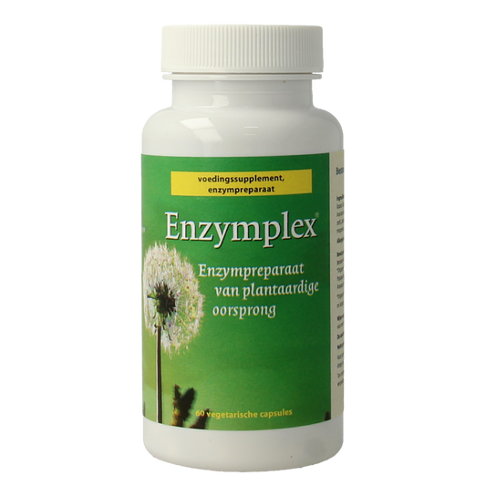 Venamed Enzymplex vegetarian capsules, dietary fiber and enzyme supplement, shown in a clear bottle with capsules inside.