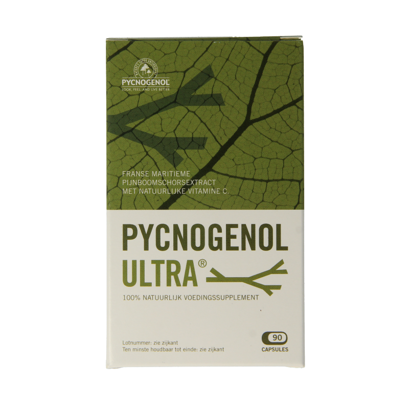 Marma Pycnogenol Ultra 90 capsules in a container, herbal supplement from Marma brand, with label and capsule details visible.
