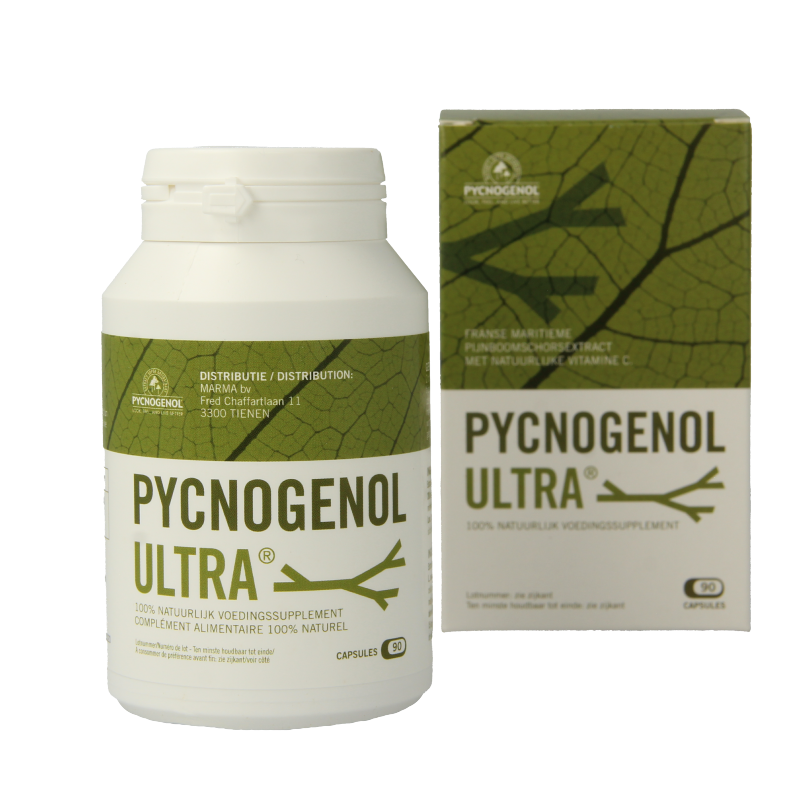 Marma Pycnogenol Ultra 90 capsules, herbal supplement with antioxidant-rich pine bark extract, displayed in a clear container.