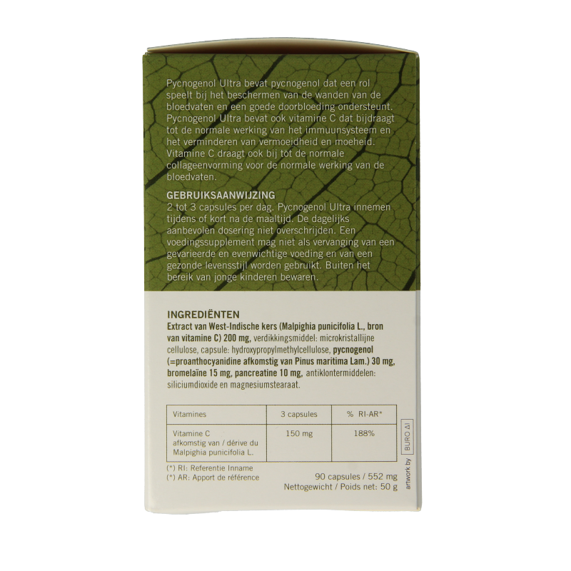 Marma Pycnogenol Ultra 90 capsules in a bottle, herbal supplement from Kruidenpreparaten brand with label and capsules visible.