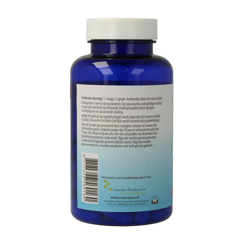 Vascusan Rode gist rijst capsules, herbal supplement in a bottle, designed for cardiovascular health, with a white label and cap.