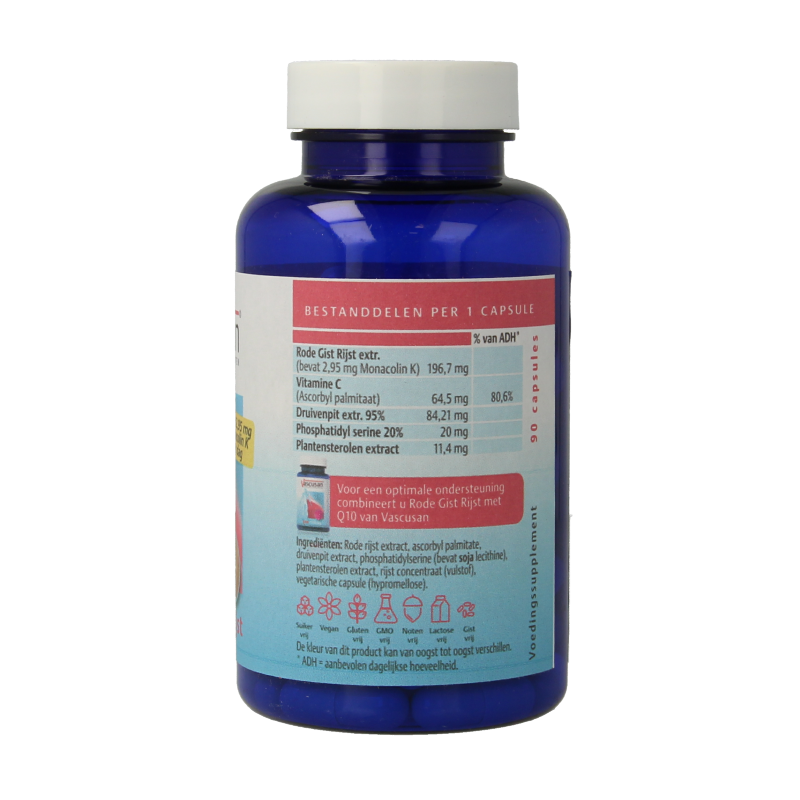 Vascusan Rode gist rijst capsules, herbal supplement in a white bottle with green label, used for supporting healthy blood vessels.