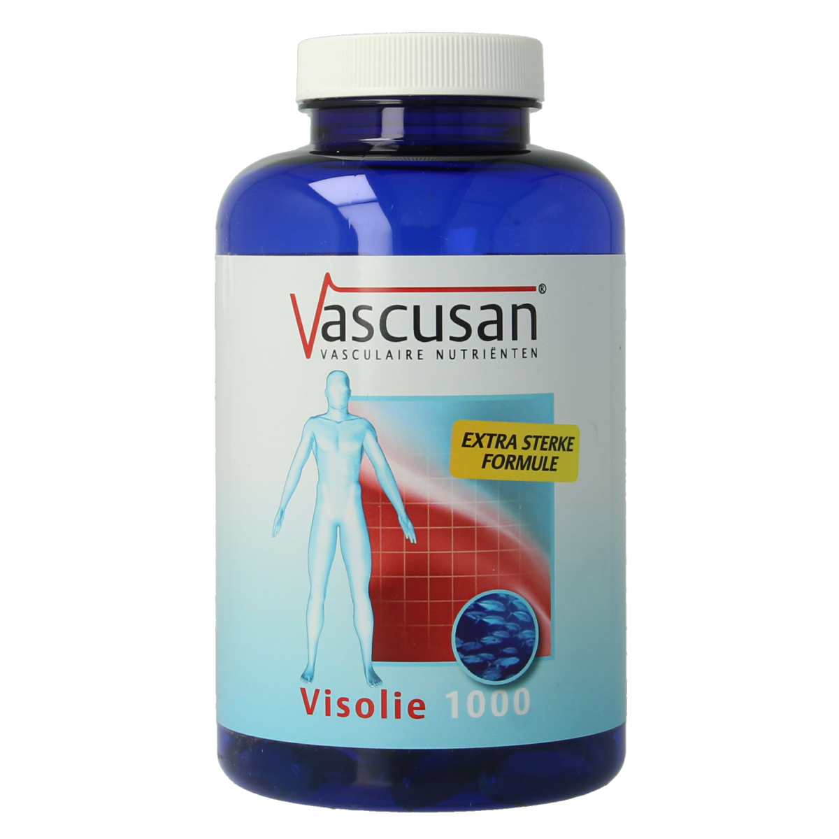Vascusan Visolie 1000 softgels, Vetzuren omega-3 supplement in clear softgel capsules, natural fish oil source.
