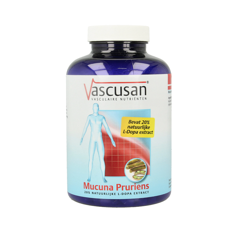Vascusan Mucuna pruriens herbal capsules in a bottle, dietary supplement for natural wellness, vegetarian-friendly product.