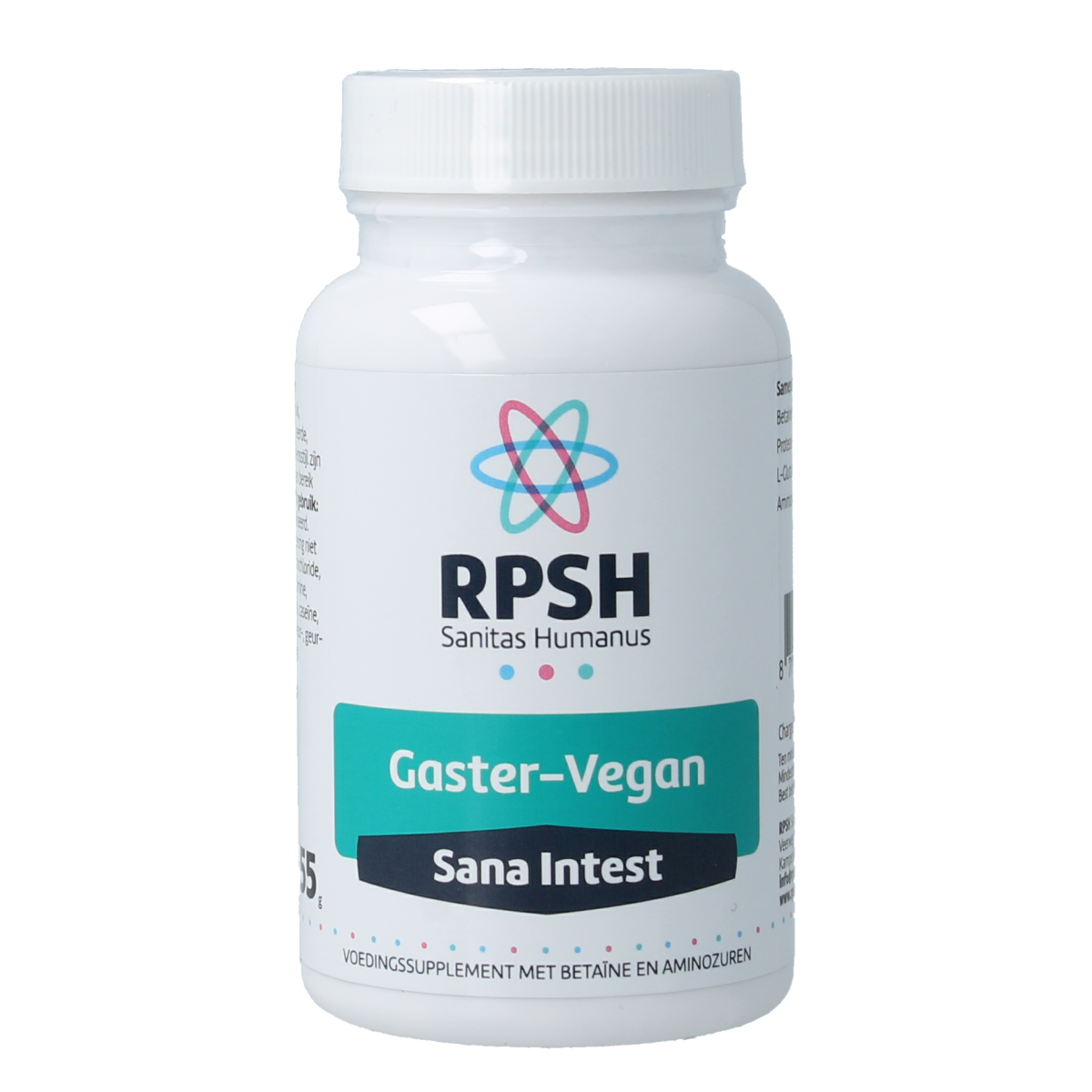 RPSH Sana Intest Gaster vegan capsules containing fiber and enzymes, shown in a white bottle with capsules inside.