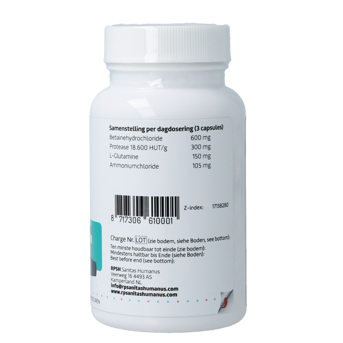 Vegan RPSH Sana Intest Gaster capsules with fiber and enzymes, 120 capsules, displayed in a clear bottle on a white background.