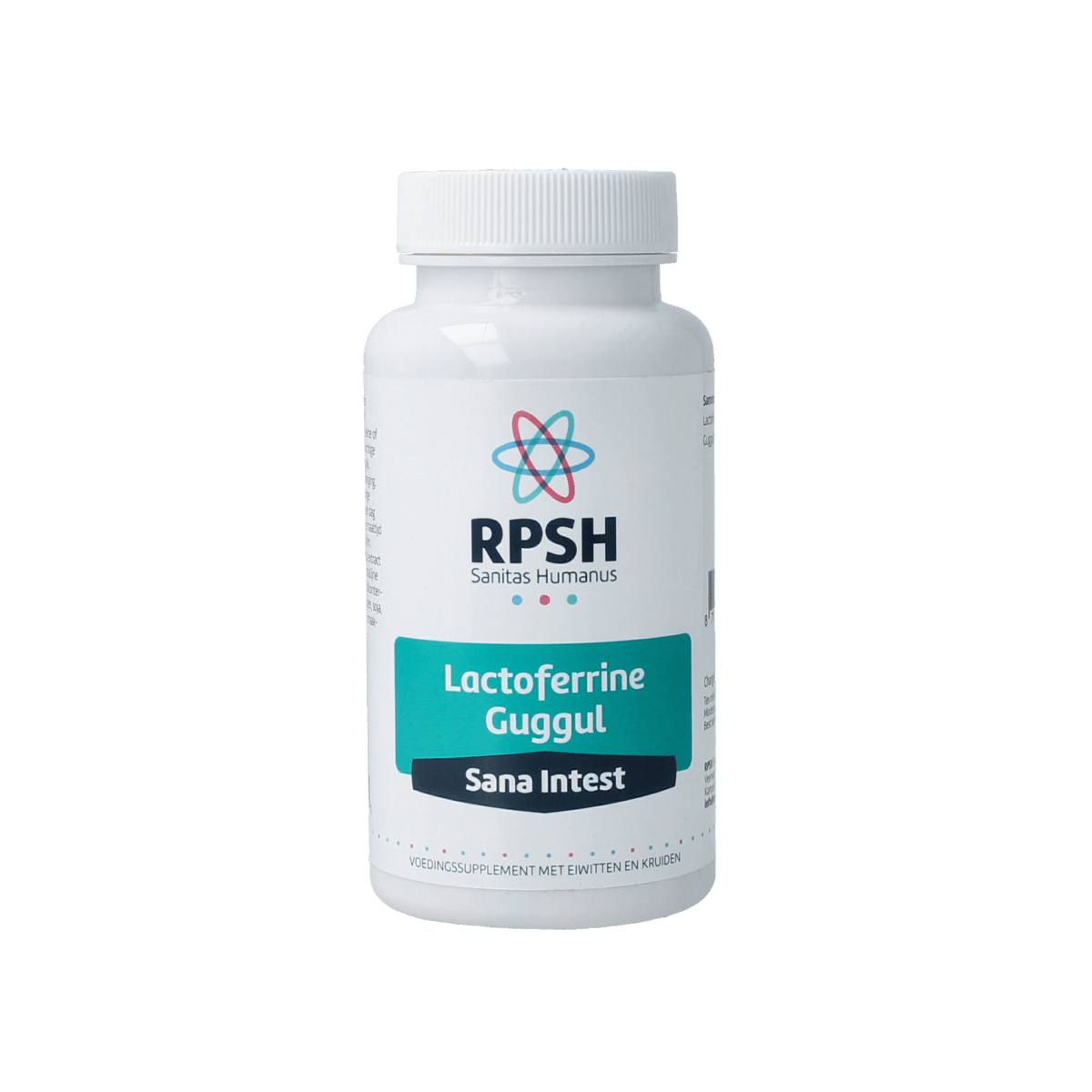 RPSH Sana Intest Lactoferrine Guggul herbal supplement capsules, 60 count, in a bottle with label displaying product details.