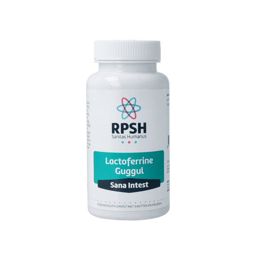 RPSH Sana Intest Lactoferrine Guggul herbal supplement capsules, 60 count, in a bottle with label displaying product details.