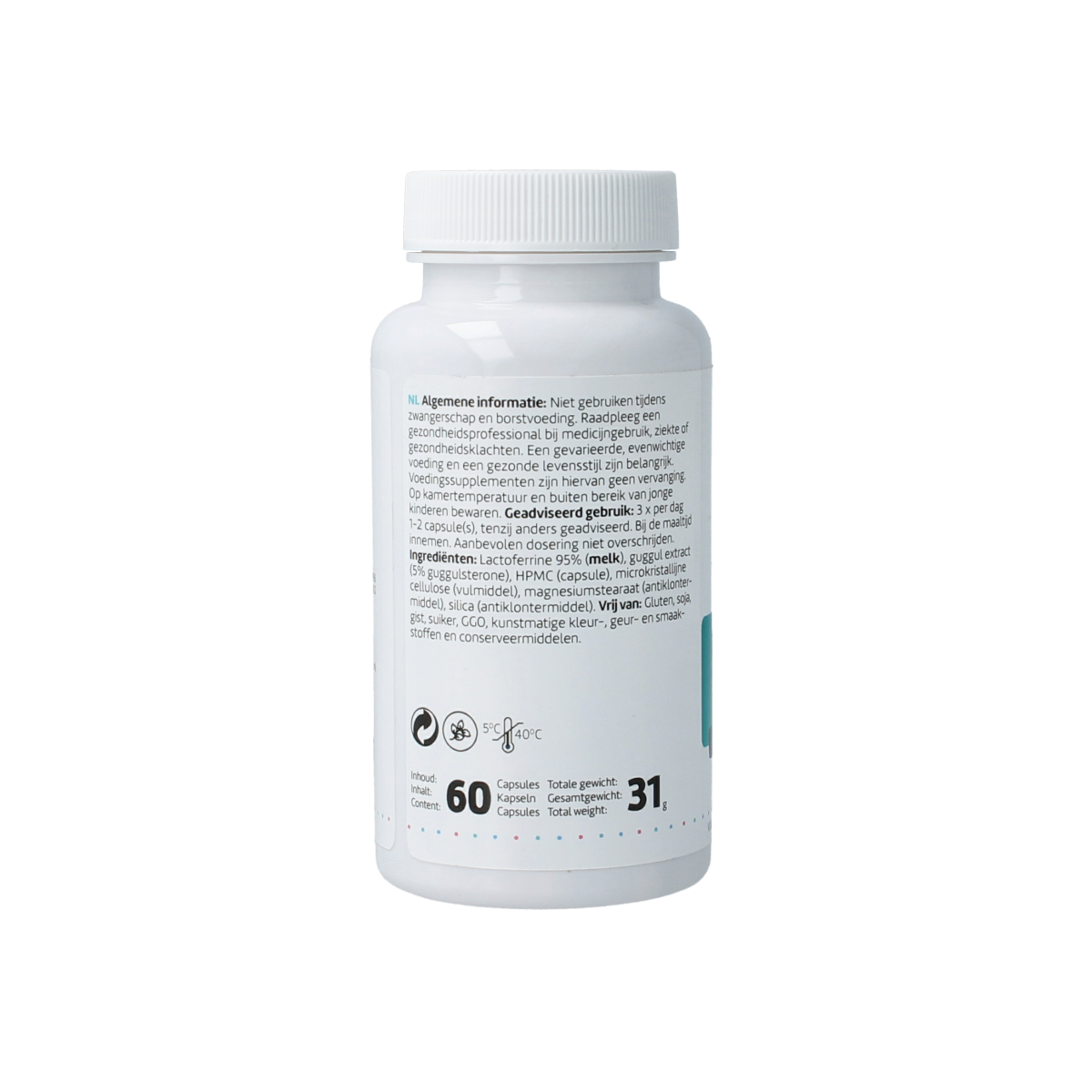 RPSH Sana Intest Lactoferrine Guggul herbal supplement capsules in a bottle with a label showing the product name and ingredients.
