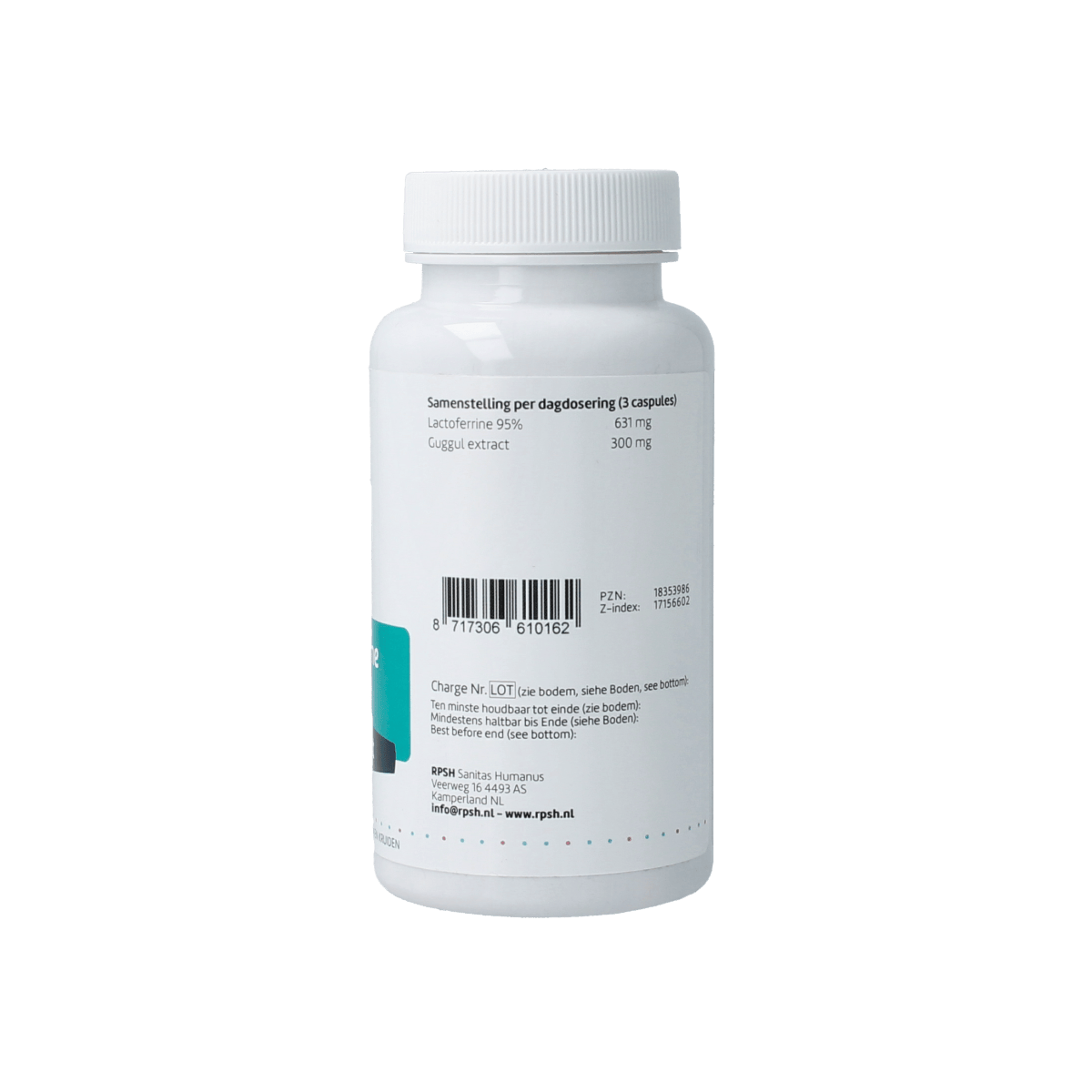 RPSH Sana Intest Lactoferrine Guggul capsules in a bottle, herbal supplement for digestive health, with capsules visible.