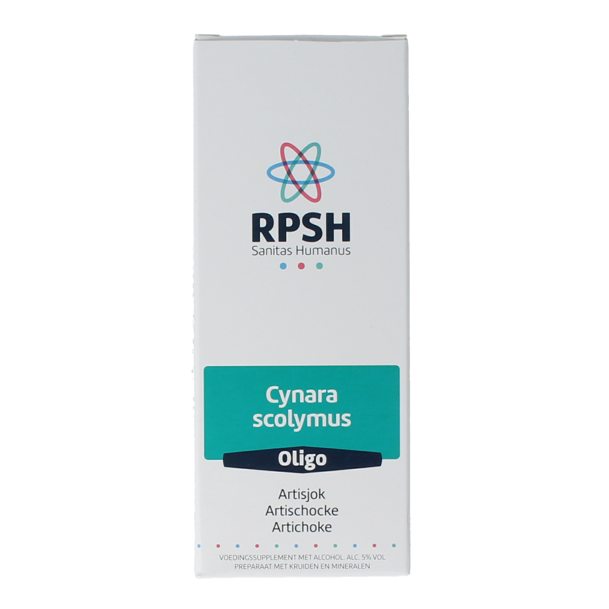 RPSH Oligo Cynara scolymus artichoke herbal preparation in a 120ml bottle, featuring fresh artichoke leaves and extract.