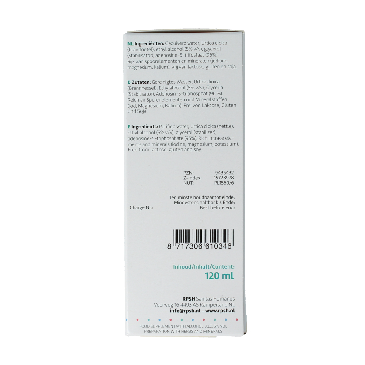 RPSH Oligo Urtica dioica herbal preparation in 120ml bottle, featuring fresh nettle leaves for natural remedy use.