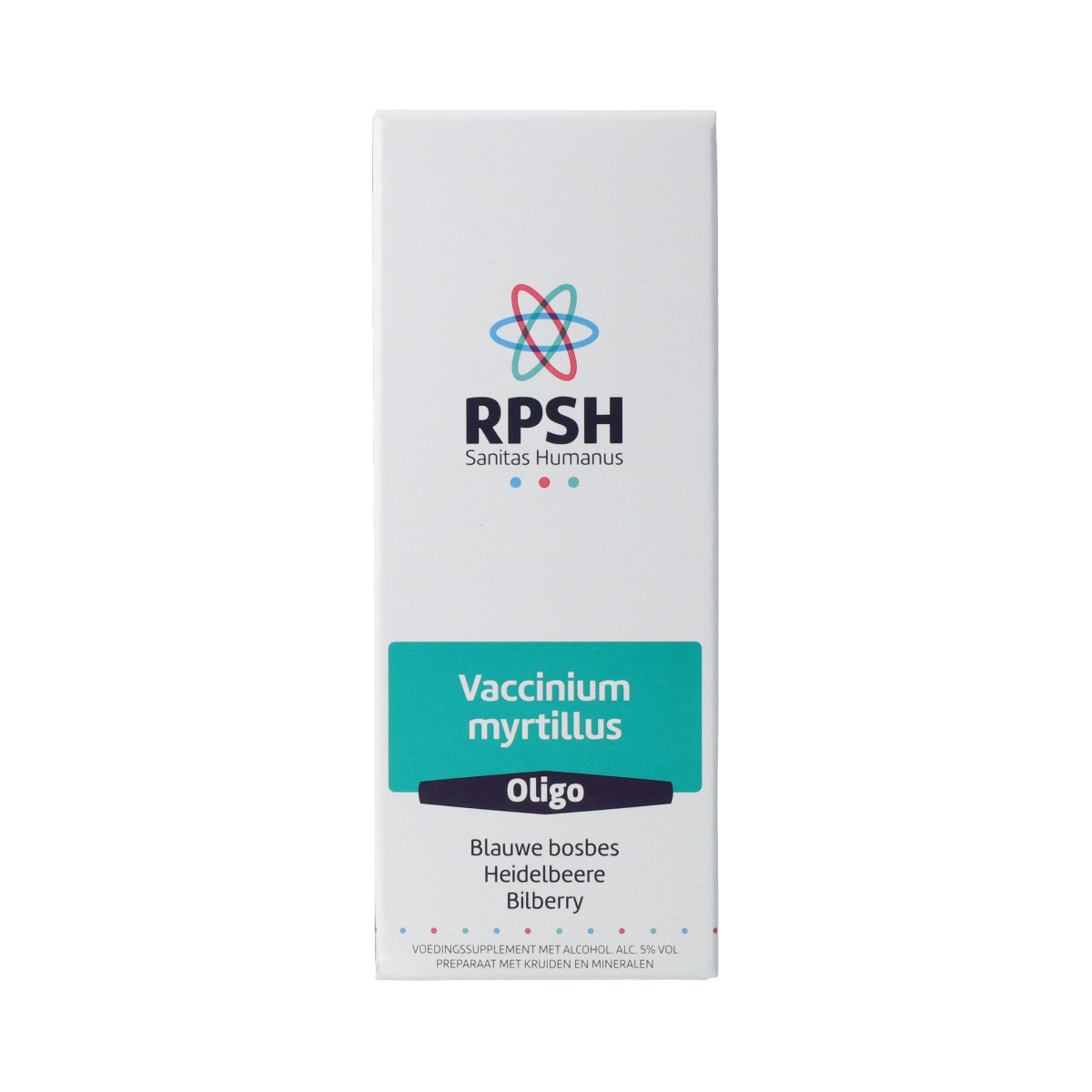 RPSH Oligo Vaccinium myrtillus (bilberry) herbal preparation in a 120ml bottle, featuring fresh bilberry leaves and berries.
