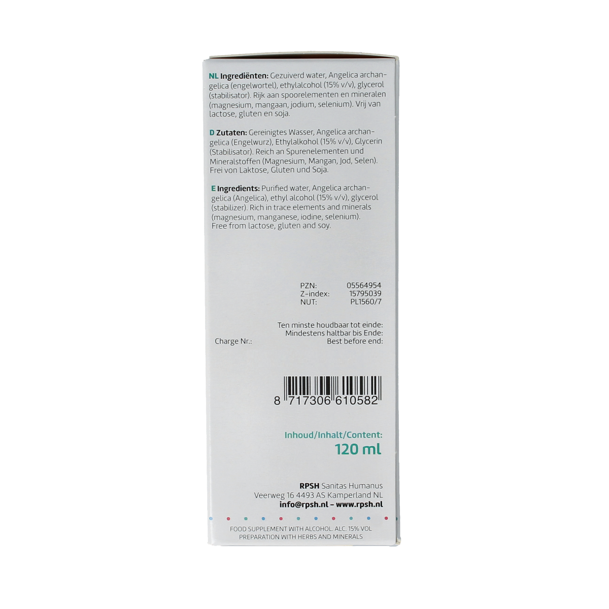 RPSH Oligo Angelica archangelica Engelwortel herbal preparation in 120ml bottle, featuring fresh Angelica archangelica roots.