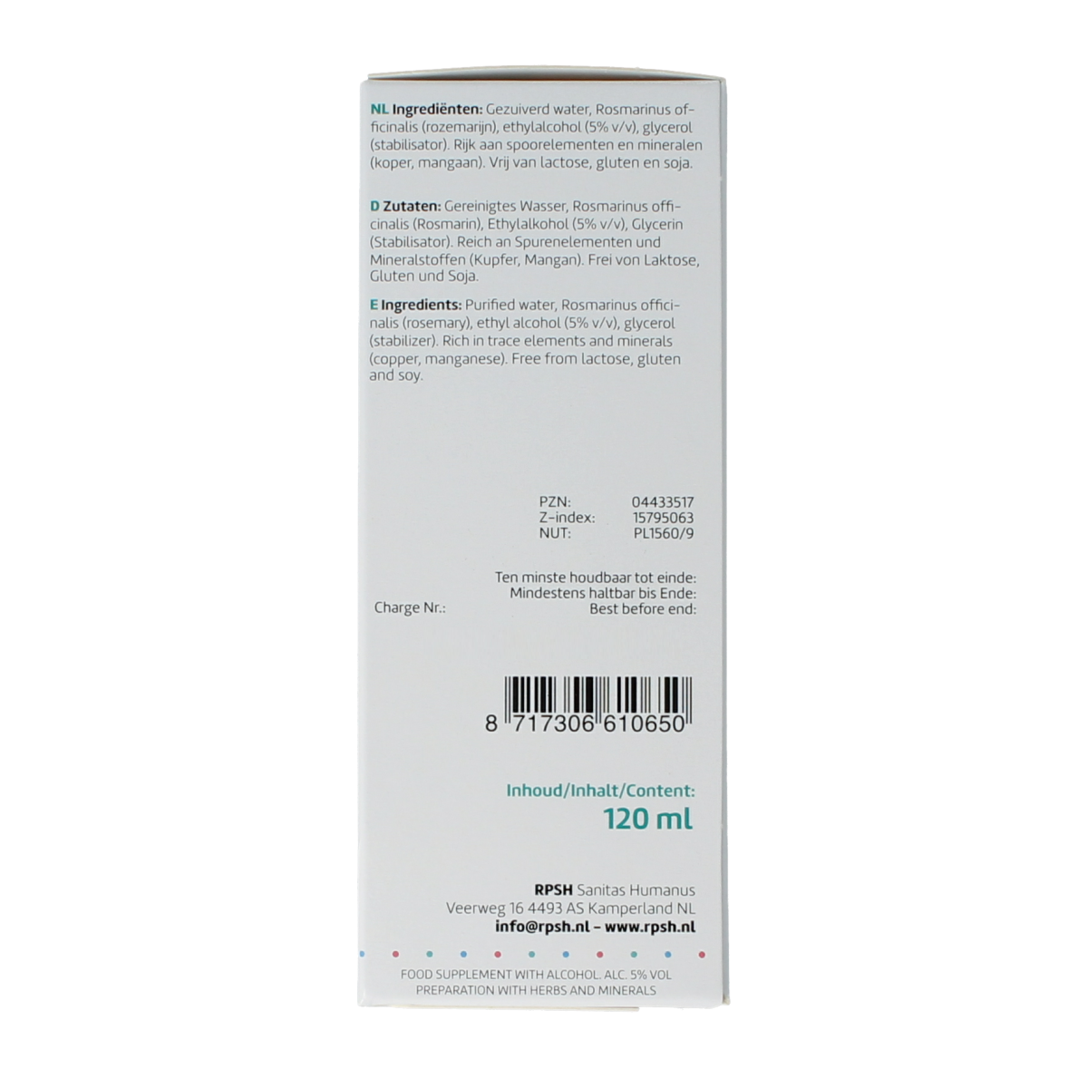 RPSH Oligo Rosmarinus officinalis rosemary herbal preparation in a 120ml bottle, with fresh rosemary sprigs and herbal packaging.