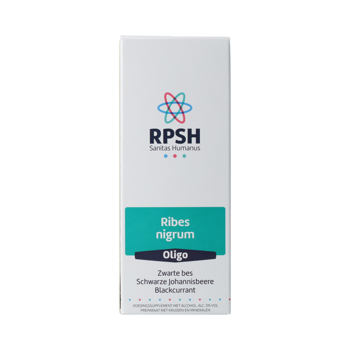RPSH Oligo Ribes nigrum black currant herbal supplement bottle with 120ml label, natural herbal product in clear packaging.