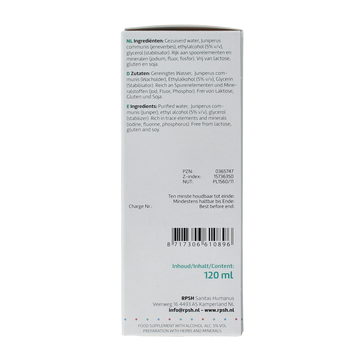 RPSH Oligo Juniperus communis juniper berries in 120ml herbal preparation bottle, natural botanical extract for wellness.