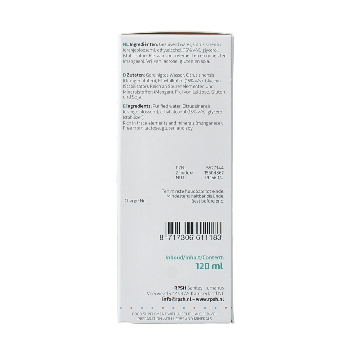 RPSH Oligo Quies Oranjebloesem herbal supplement bottle with orange blossom flavor, 120ml, in a clear container.