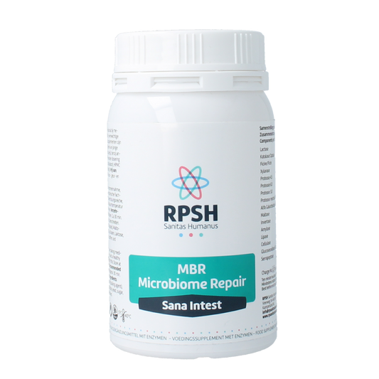RPSH Sana Intest MBR microbiome repair capsules, containing vezels en enzymen for gut health, shown in the image.