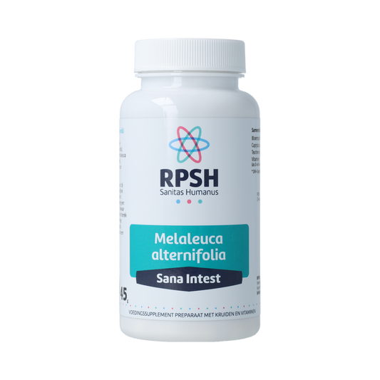 RPSH Sana Intest Melaleuca alternifolia vegetarian capsules in a bottle, herbal supplement for digestive health.