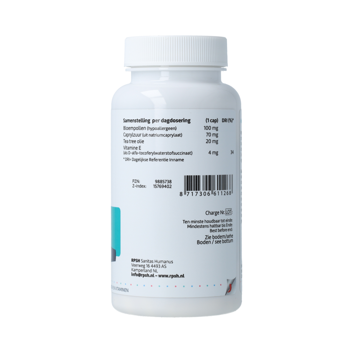 RPSH Sana Intest Melaleuca alternifolia vegetarian capsules, herbal supplement for digestive support, shown in bottle with capsules.